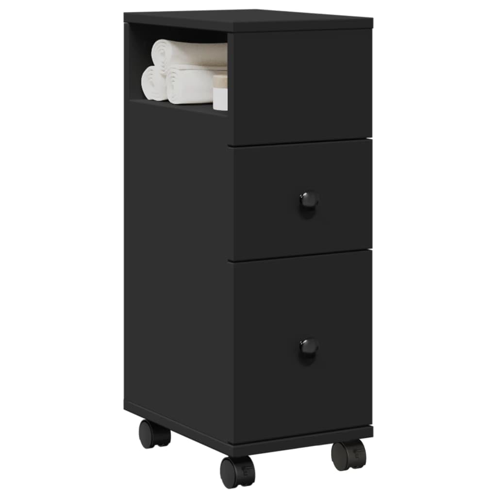 Mobile Bagno Stretto con Ruote Nero in Truciolato 2 Cassetti