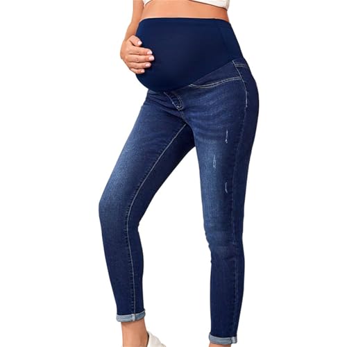 Pantalones Vaqueros de Maternidad Mujer Elásticos cómodos con Banda Abdominal Roto Jeans Moda Slim Fit Pantalones Largo Embarazo Primavera y Verano premamá Denim Pants