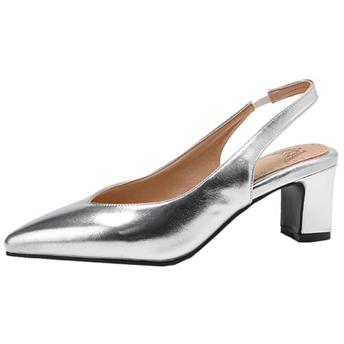 CHICMARK Sandalias retro para mujer con tacón abierto, tacón de bloque de 6 cm, parte superior de poliuretano, zapatos de fiesta vintage, plata, 38 EU
