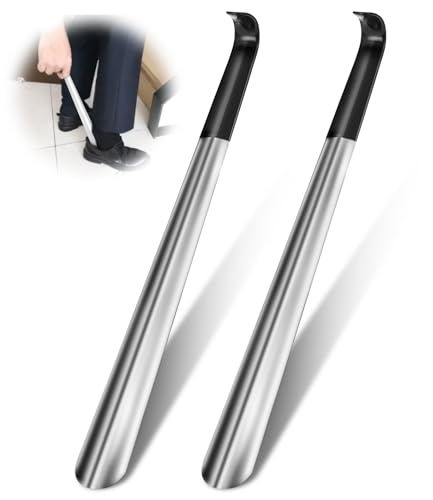 Bixury Calzascarpe in metallo lungo 42 cm, 2 pezzi calzascarpe lungo in metallo molto stabile, calzascarpe lungo in metallo con custodia nera per stivali, scarpe modello ideale per viaggi