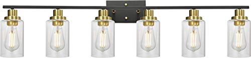 6-Light Black Vanity Light with Clear Glass Shade, Modern Brass Bathroom Light Fixtures Wall Mount Lamp for Bathroom Dressing Table Bedroom Vanity Table Kitchen Cabinets