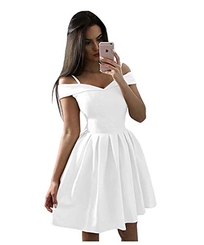 Jazylynbride Spaghetti Straps Off Shoulder Sweetheart Satin Homecoming Short Prom Dress with Pockets White