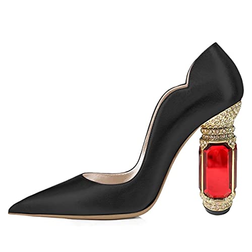 FSJ Women Pointed Toe Crystal High Heel Pumps Comfort Slip On Chunky Block Heel Bridal Wedding Evening Party Prom Shoes Size 4-15 US2