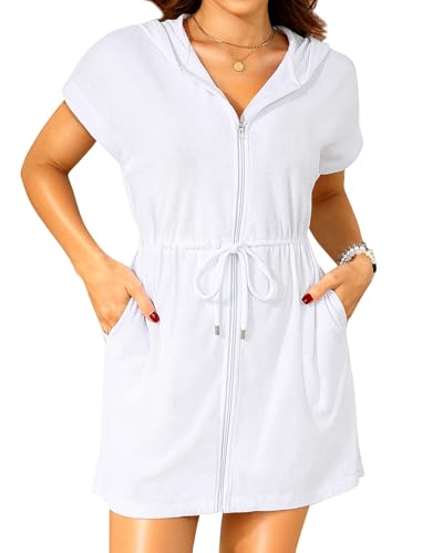 Yonique Terry Cloth Cover Ups - Hooded Cotton Swim Sun Cover-up with Zipper Pockets Beach Swimsuits White M