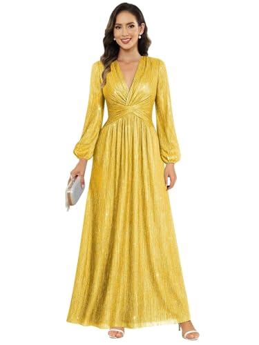 Image of Women's Formal Wedding Guest V Neck Glitter Sequins Mother of The Bride Dresses Long Sleeve