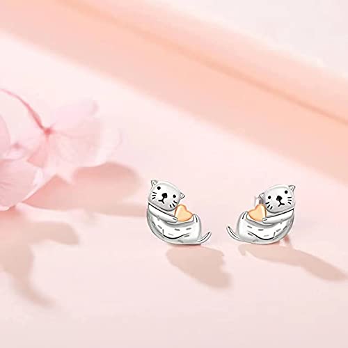 Sea Otter Stud Earrings 925 Sterling Silver Post Tiny Cute Animal Promise Love Heart Statement for Women Small Cartilage Delicate Lovely Jewelry for Daughter Niece4