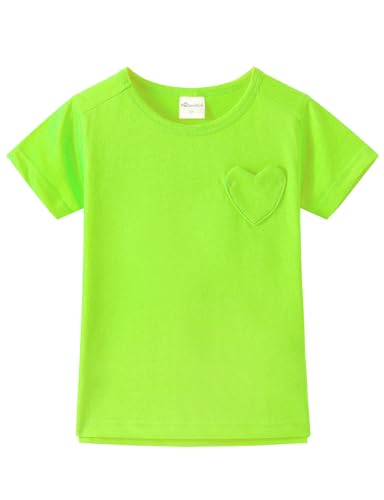 Noomelfish Girls Short Sleeve Heart Pocket T-Shirts Casual Cotton Tee Tops Blouse Neon Green Size 7-8 Years