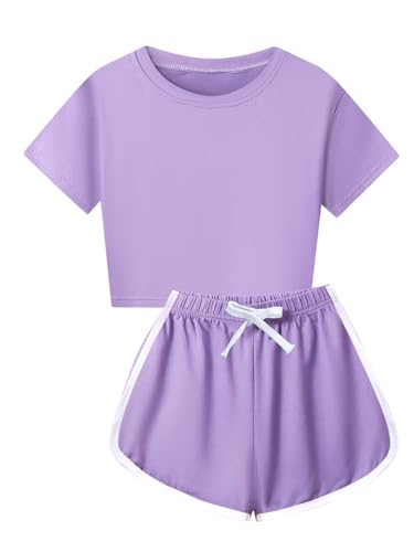 Kids Girls Sports Outfits Cotton Short Sleeve T-shirt Shorts Set For Summer Casual Workout Dance Purple 3-4 Years