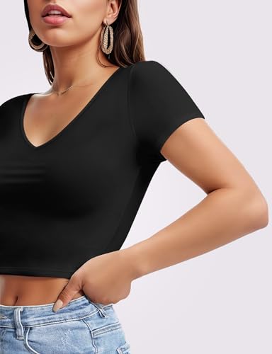 Short Sleeve V Neck Crop Top for Women Soft Workout Shirt Going Out Tops Sexy Slim Fitted Casual Base Layer Lightweight2