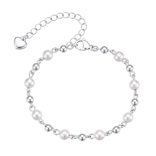 TINGN Silver Tone Bracelet for Women Dainty Pearl/Beads Bracelet Adjustable Bracelets Heart Pendant Bracelets Jewellery Gifts for Women Girls