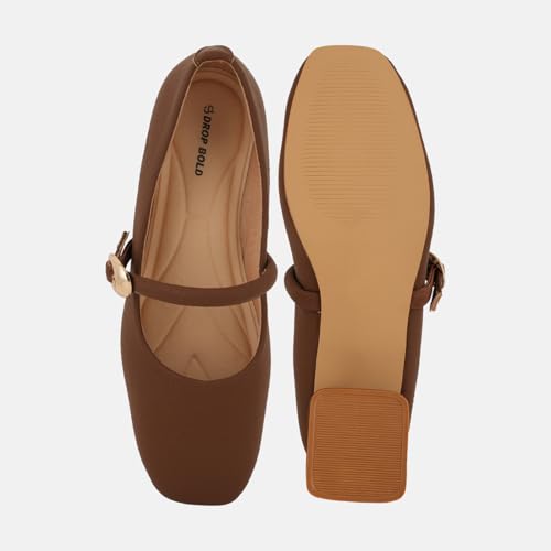 Image of DROP BOLD Khaki Square Toe Mary Jane Block Heel Show For Women & Girls
