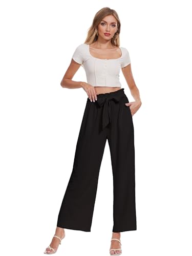 Beautiful Nomad Women's Wide Leg Lounge Pants High Waist Adjustable Knot Loose Casual Work Flowy Trousers with Pockets Black4
