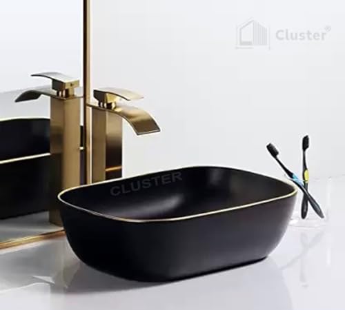 Image of CLUSTER Designer Matt Ceramic Table Top /Counter Top /Wash Basin For Bathroom And Livingroom Decor, Black And Golden Border, Rectangular, 455x320x135 MM