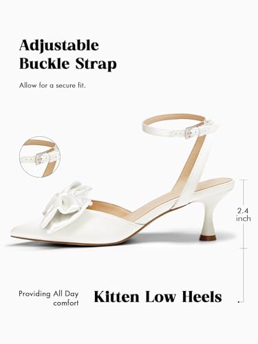 Image of Coutgo Womens Satin Kitten Low Heels Bow Pearl Closed Pointed Toe Pumps Ankle Strap Wedding Dress Shoes