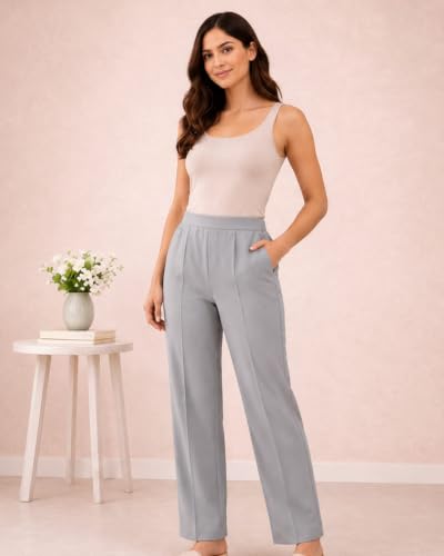 Image of Women's Mid Rise Wide Leg Trousers with Elastic Waist & Pockets