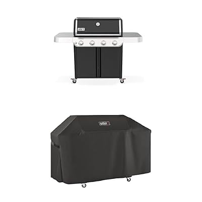 Bundle of Weber Genesis E-415 Liquid Propane Gas Grill for Outdoor Cooking, 4 Burners, Black – Porcelain-Enameled Cast-Iron Grates & PureBlu Burners + Genesis 400 Series Premium Grill Cover
