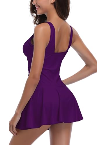 SHEKINI Damen Einteilige Badeanzug V-Ausschnitt Elegant Badeanzugkleid Badekleid Schwimmrock Retro Ruched Bauchweg Schwimmkleid Baderock Tankini（M，A-dunkellila） 4