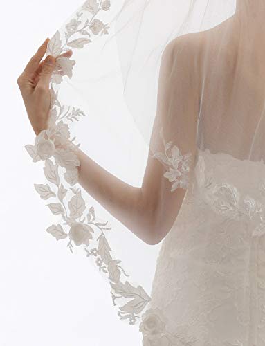 Elawbty Womens 2 Tier Fingertip Length Short Lace Wedding Bridal Veil With Comb X23 Ivory #TOP4