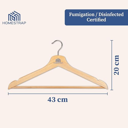 Image of Homestrap Premium Round Bar Wooden Hanger (Pack of 8)| Durable Wooden Garment Hangers with Cut Notches & 360 Degree Swivel Chrome Hook for Hanging Heavy Clothes