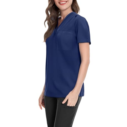 Image of FONMA Scrub Tops Women Plus Size Stretchy V-Neck Scrub Shirts with 4 Pockets Breathable Short Sleeve Nurse Uniforms
