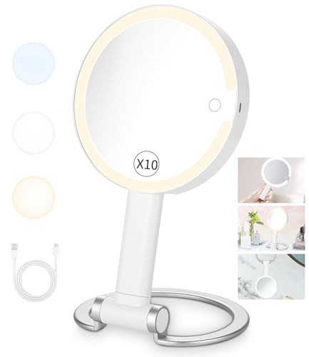 Specchio Trucco con luci,Specchio da Viaggio con Luci,specchio di vanità per il trucco con ingrandimento 10x/1x su due lati, illuminazione 3 colori con luminosità,portatile/appendibile/da tavolo