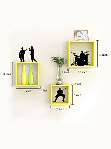 Image of Home Sparkle Cube Wall Shelves Set of 3 with Wall Stickers Engineered Wood (Yellow & Black)