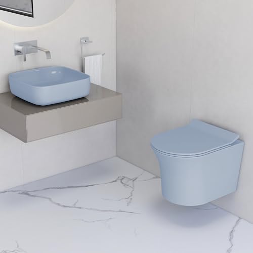 Image of Plantex Wall Hung Commode with Table Top Basin for Bathroom /Ceramic Western Toilet with Wash Basin - P Trap Commode - Combo (Ocean Blue)