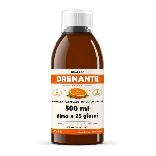Drenante Forte Liquido - Gambe Gonfie e Pesanti, Ritenzione Idrica - Tarassaco 800 mg, Orthosiphon, Bromelina 2500 GDU/g - 500 ml con Misurino - Gusto Arancia - GG4Lab Made in Italy