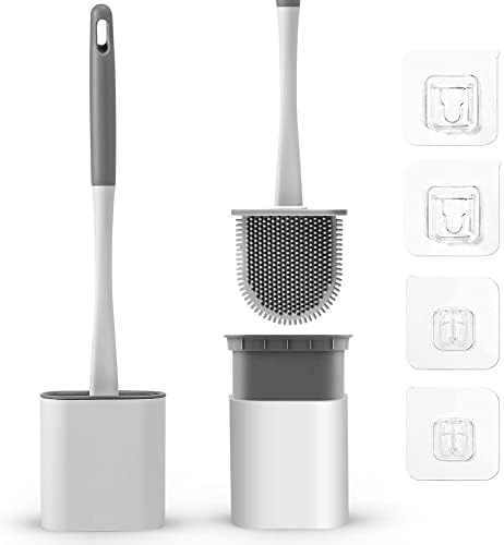 Premiware Silicone Toilet Brush with Quick Drying Holder Set - 2Pack, Bathroom Toilet Brushes set with No-Slip Silicone Handle, Loo Brushes with anti-drip base (Floor/Wall Mounted)