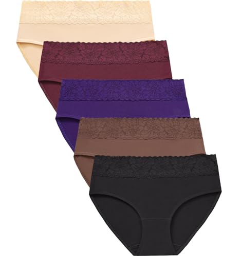 Image of RHYFF Womens Underwear Cotton Bikini Panties Lace Soft Hipster Panty Ladies Stretch Full Briefs 5 Pack