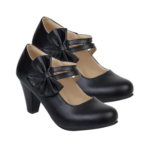 Escarpins anti-fatigue à talon épais en PU noir avec nœud chic