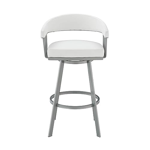 Butaco giratorio de altura para barra de 25 pulgadas Armen Living Chelsea en acabado plateado y tapizado en cuero sintético blanco miniatura 4
