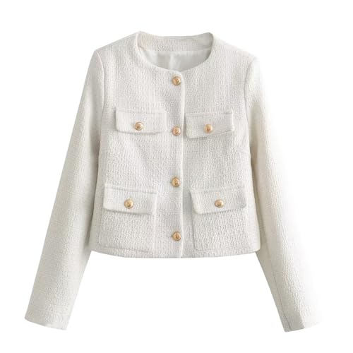 Xaspee Women's Cropped Tweed Jacket Collarless Long Sleeve Button Down Office Business Blazer Jacket with Pockets