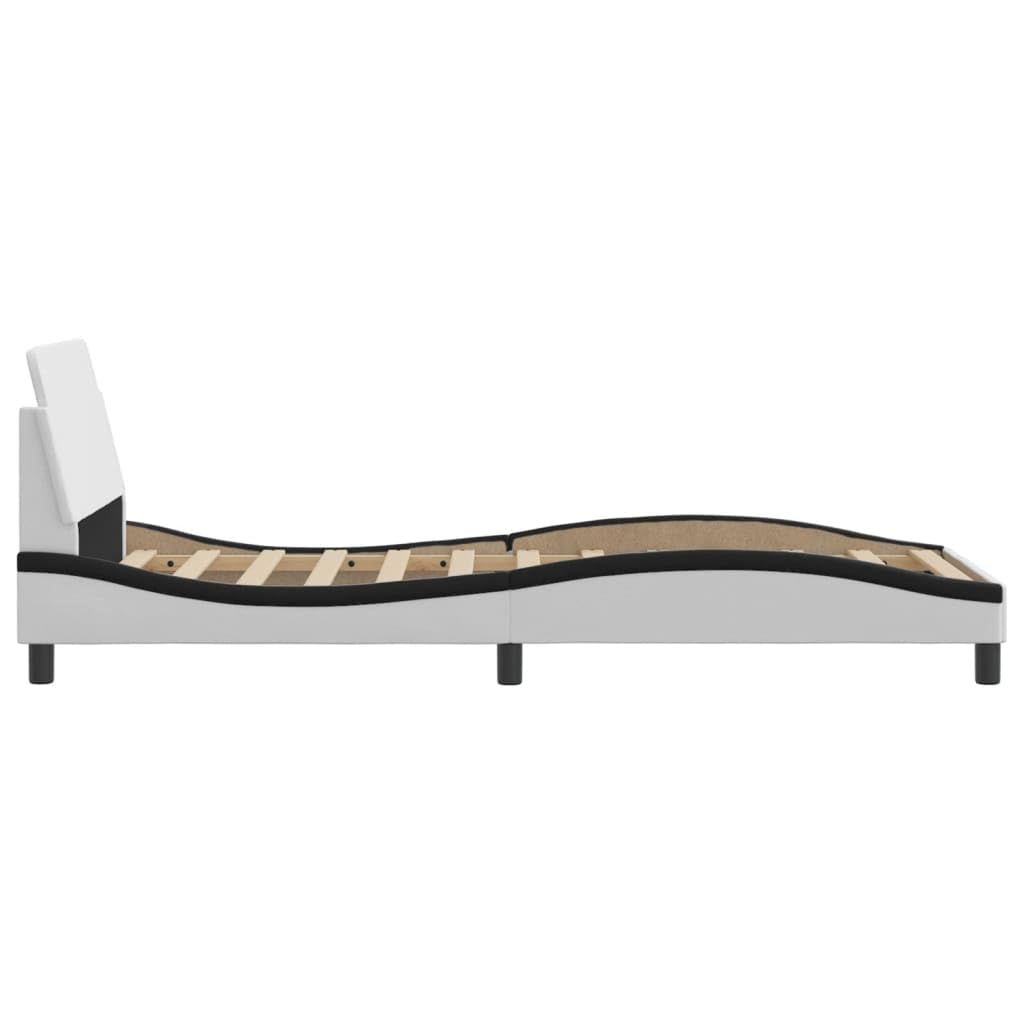 Bettgestell Dover, 90x200 cm, Kunstleder Weiß Schwarz, Wellenform, stabil, modernes Schlafzimmer Möbel, Platform Bettrahmen mit Kopfteil