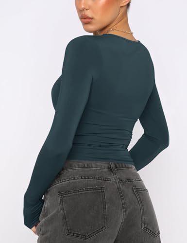 Image of AKEWEI Long Sleeve Crop Tops for Women 2 Pack Fall Going Out Outfits Cute Tight Basic Tees Shirt