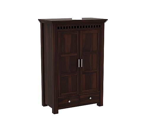 Image of Sheesham Wood Wooden 2 Door Wardrobe Organizer for Clothes | - Solid Wood Almirah with 2 Drawers, 2 Shelves - with Hanging Space Cupboard for Large Bedroom (Design 7)