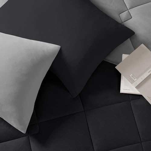 Image of Comfort Spaces Vixie 3 Piece Comforter Set All Season Reversible Goose Down Alternative Stitched Geometrical Pattern Bedding, Full /Queen, Black /Grey