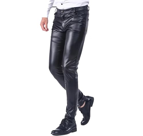 Men's Fleece Lined Leather Pants Warm Skinny Fit Elastic Pu Leather Trousers Wet Look Motorcycle Winter Pants