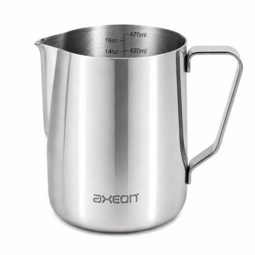 Image of Axeon Milk Frother for Latte Art - 470ml | Stainless Steel Espresso Milk Frothing Jug with Internal Scale & Matte Coating | V-Spout for Latte Art | Barista Steam Jug for Cappuccino & Coffee (Silver)