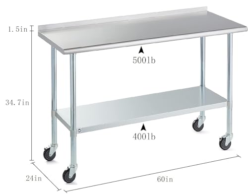 Image of Stainless Steel Table for Prep & Work with Caster & Backsplash 24x60 Inches, NSF Metal Commercial Kitchen Heavy Duty Table with Adjustable Under Shelf and Table Foot for Restaurant, Home and Hotel