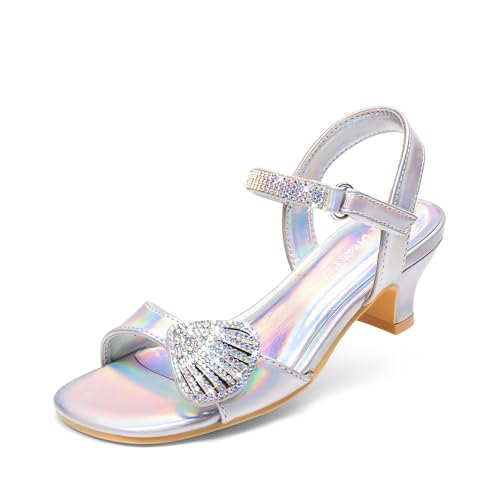 Image of DREAM PAIRS Girls Sandals Ankle Strap Square Toe Low Heel Crystal Shell Wedding Party Flower Dress Shoes for Little Kids /Big Kids