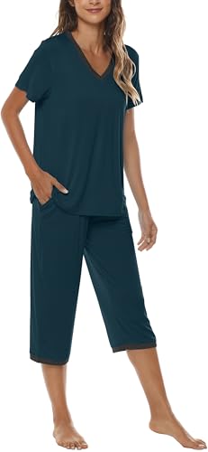 Image of JINSHI Women's Pajamas Set Short Sleeve Top and Capri Pants Lightweight Sleepwear Comfy Pjs Lounge Set with Pockets