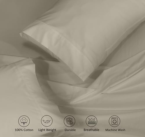 RUVANTI 100% Cotton Sheets Queen Size Set, 4 Pieces, Soft & Breathable Percale Weave Bedding, Deep Pocket 16", Hotel Standard, Crisp Cool Feeling, Durable, Perfect Dyed Bed Sheet, Taupe