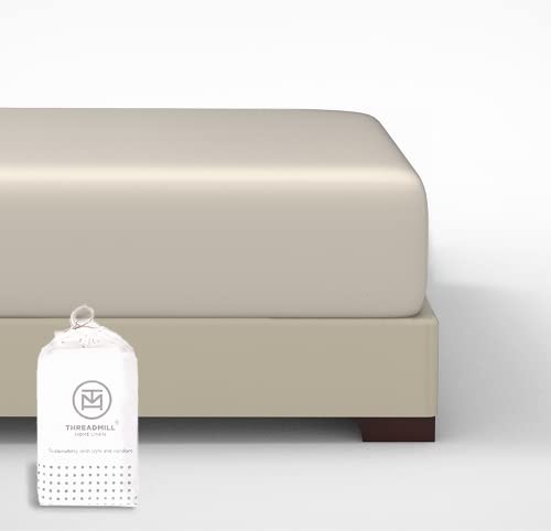 Threadmill Cotton Fitted Sheet King Size - 300 Thread Count 1 Piece Beige 16 Inch Elasticized Deep Pocket Sateen Sheets for King Size Bed - Snug Fit Soft & Durable Hotel Quality Bottom Sheet