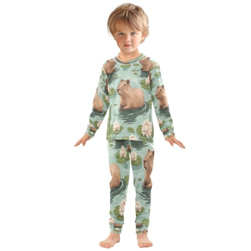 Pajama Sets Long Sleeve Swimming Capybara Pattern Soft Comfy Sleepwear 2 Piece PJS 3-8T2