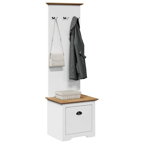 Plumbpyr Armario de pasillo BODO de madera maciza de pino blanco y marrón, 50 x 40 x 157 cm con 3 ganchos y cajón, ahorra espacio para pasillo y entrada, estable y fácil de limpiar para mantener el