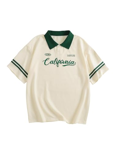 Verdusa Women's Jersey Oversized Shirts Short Sleeve Collared Button Down Graphic Tees Tops