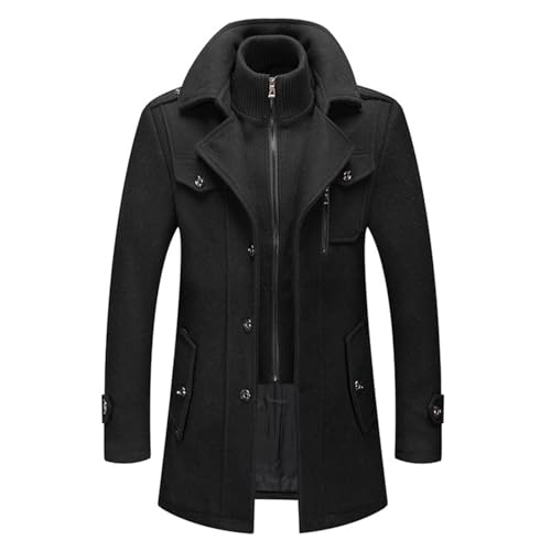 Mens Trench Coat Wool Blend Layered Collar Classic Stylish Business Overcoat Warm Winter Trench Pea Coats Lapel Plain