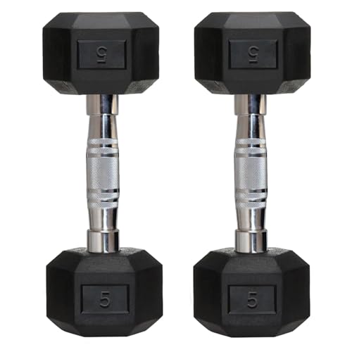 Image of Hex Rubber Dumbbell Set (2 x 2.5KG) | Anti-Roll Hex Dumbbell Gym Set | Chrome Knurled Grip | Home Gym Dumbbell Set | Strength Training, Fitness & Muscle Building (5 Kg)