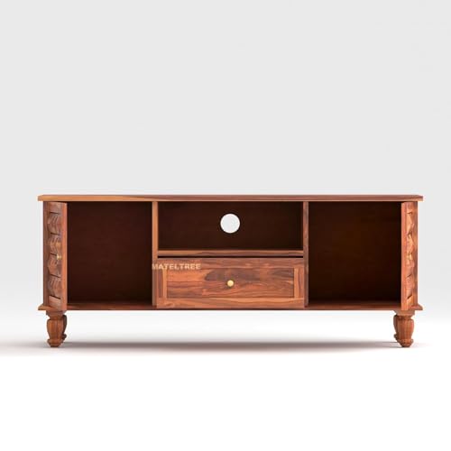 Image of Sheesham Wooden TV Unit for Living Room 55+ Inch Furniture - WoodenTV Unit with Drawer Shelves & 2 Door Wooden TV Cabinet for Living Room - Fits up to 55-Inch TV (James, Honey Finish)
